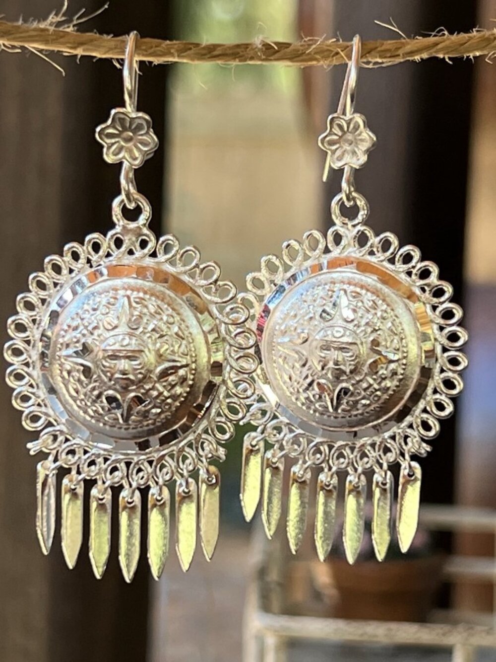 Handcrafted Aztec Calendar Filigree Dangle Earrings, 925 Sterling Silver